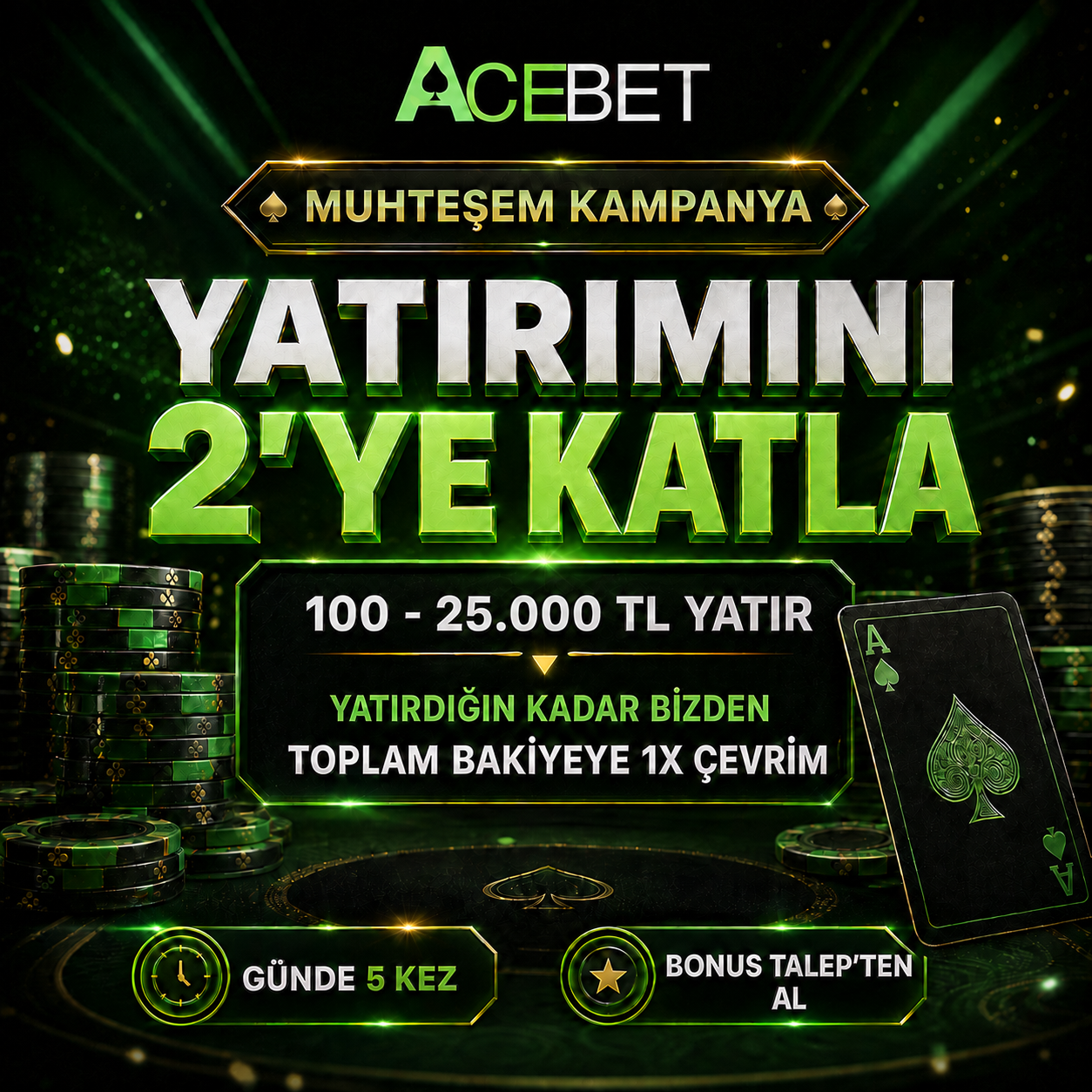 ACEBET Muhteşem Kampanya: 100 ile 25.000 TL yatır, yatırdığın kadar bonus al, toplam bakiyeye 1x çevrim, günde 5 kez